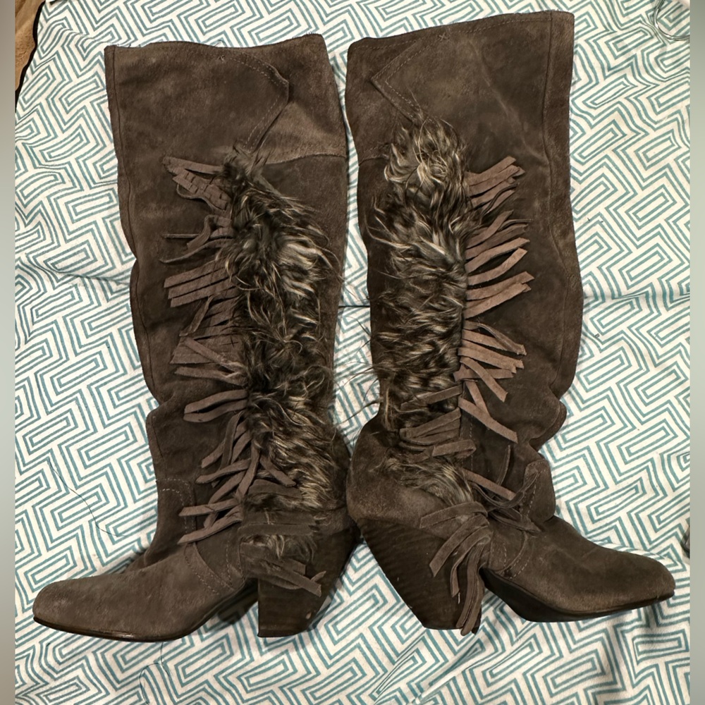 Fringe and Faux Fur Knee High Boots